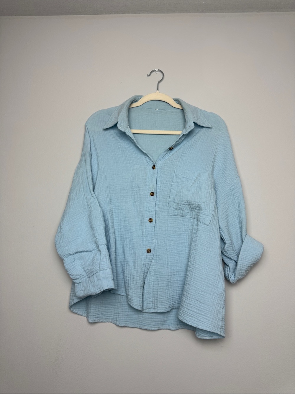 Light Blue Button-Up Cotton Gauze Blouse